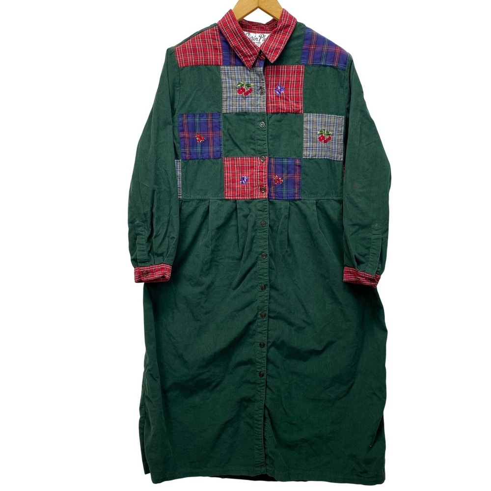 Sarin Plus Corduroy Patchwork Dress Womens 1X Green Plaid Embroidered Maxi VTG